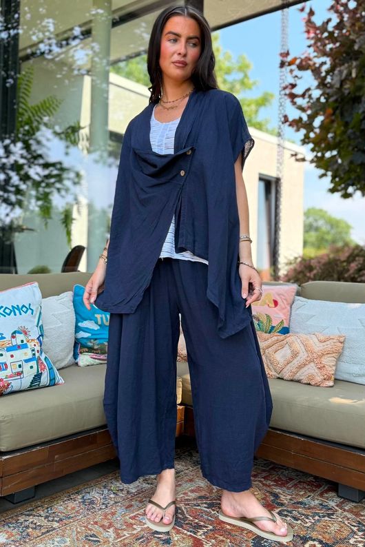 Sandbar Linen Blend Drape Front Cap Sleeve Gilet Navy
